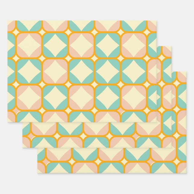 Seamless retro pattern with rounded squares wrapping paper sheet (Set)