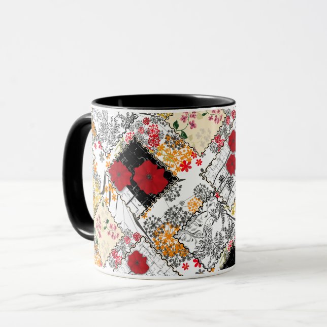 Seamless retro vintage patchwork quilting poppies mug (Front Left)