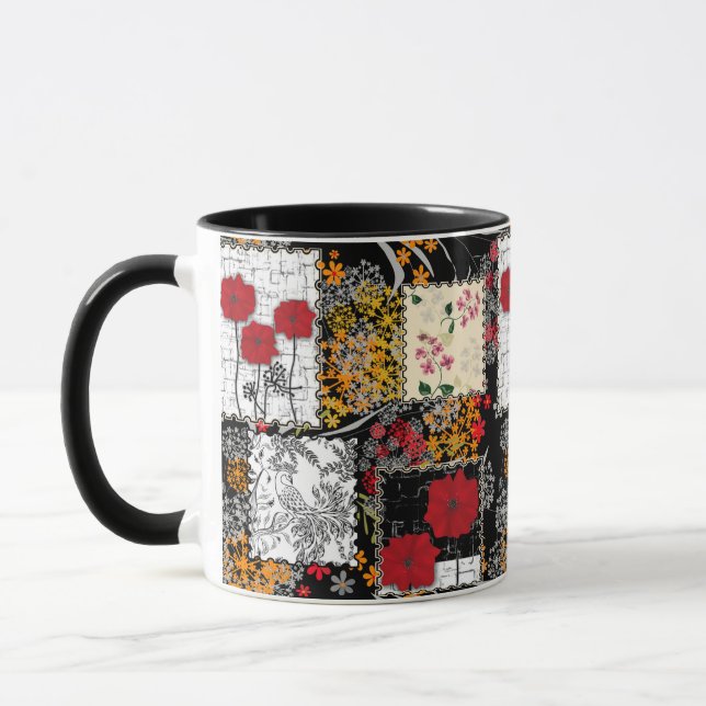 Seamless retro vintage patchwork quilting poppies mug (Left)