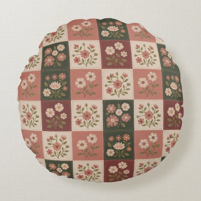 Seamless Rustic Floral Patchwork Round Pillow (Front)