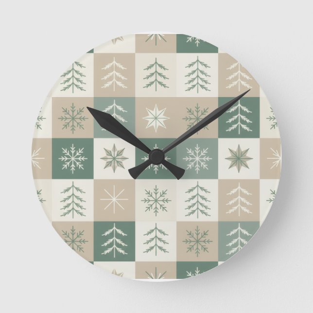 Seamless Scandinavian Christmas tree pattern Round Clock (Front)