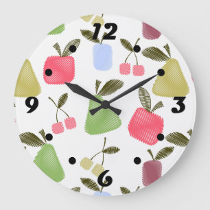 Seamless scratched cartoon fruits apples pears che large clock
