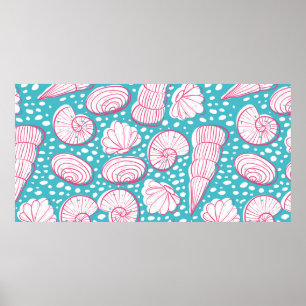 Seamless sea pattern with different shells. Vintag Poster