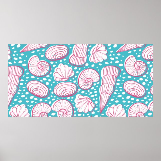 Seamless sea pattern with different shells. Vintag Poster (Front)