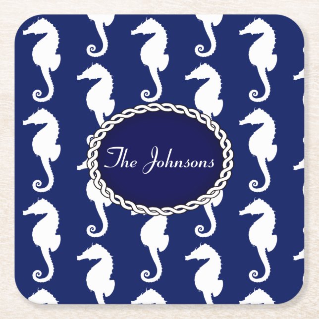Seamless Seahorse Pattern Square Paper Coaster (Front)