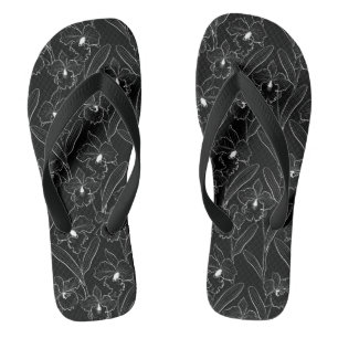 Seamless sketched orchid cattleya flowers tropical flip flops