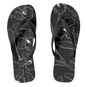 Seamless sketched orchid cattleya flowers tropical flip flops