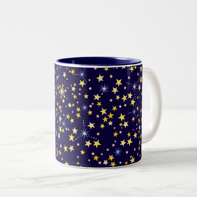 Seamless Stars Cute Cosmic Pattern Navy Blue Cool Two-Tone Coffee Mug (Front Right)
