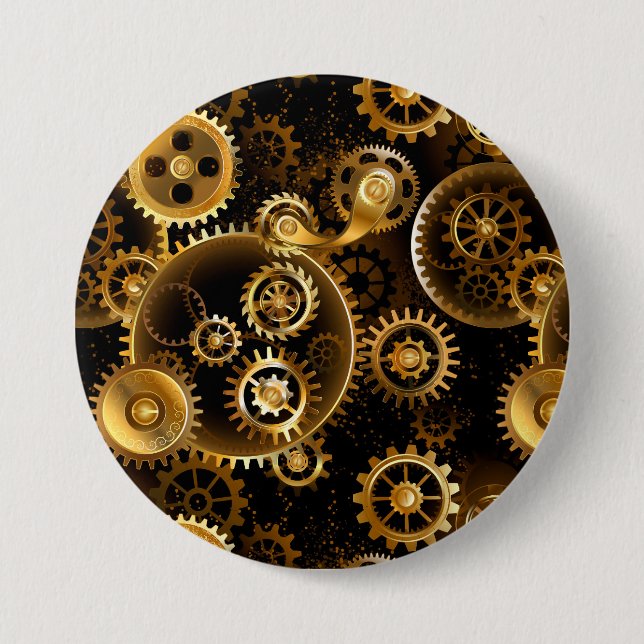 Seamless Steampunk Brass Gears 3 Inch Round Button (Front)