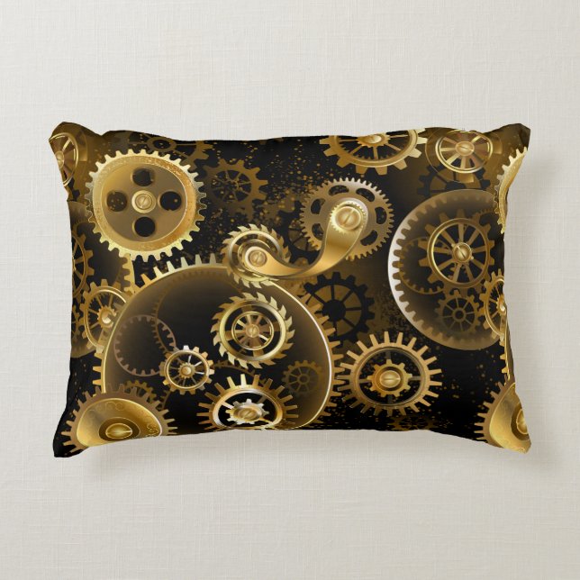 Seamless Steampunk Brass Gears Accent Pillow (Front)