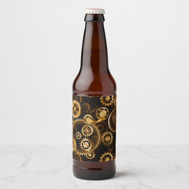 Seamless Steampunk Brass Gears Beer Bottle Label (Front)