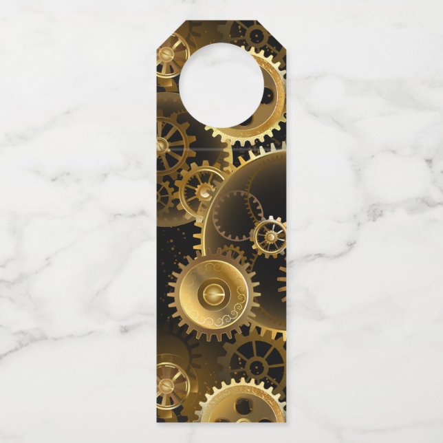 Seamless Steampunk Brass Gears Bottle Tag (Front)