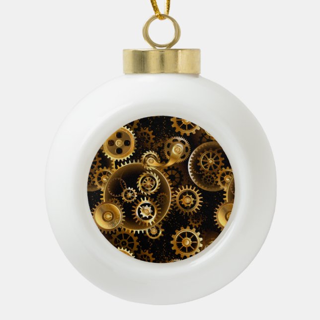 Seamless Steampunk Brass Gears Ceramic Ball Christmas Ornament (Front)