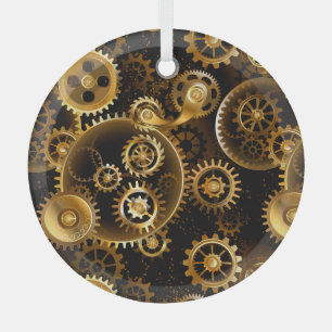 Seamless Steampunk Brass Gears Glass Ornament