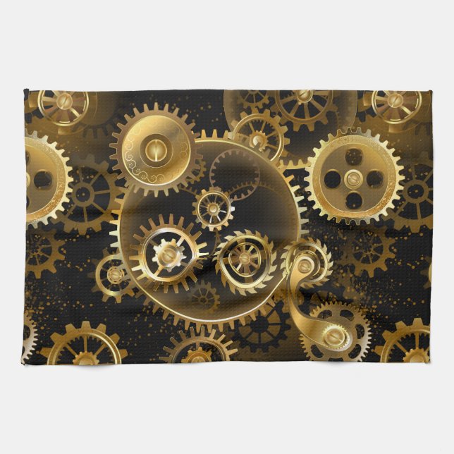 Seamless Steampunk Brass Gears Kitchen Towel (Horizontal)