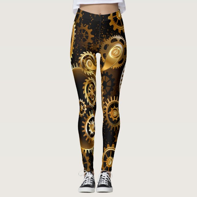 Seamless Steampunk Brass Gears Leggings (Front)