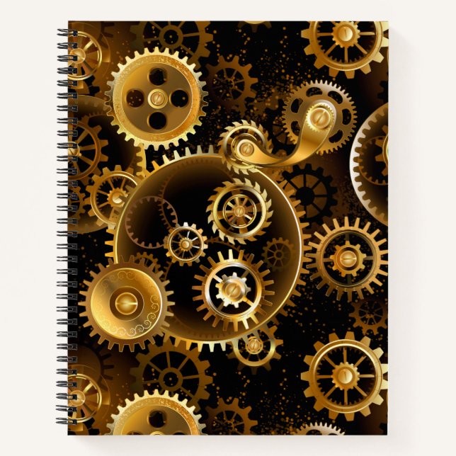 Seamless Steampunk Brass Gears Notebook (Front)