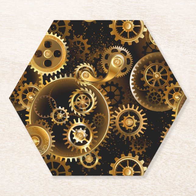 Seamless Steampunk Brass Gears Paper Coaster (Front)