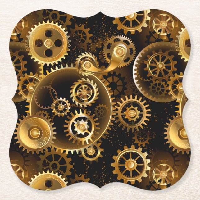 Seamless Steampunk Brass Gears Paper Coaster (Front)