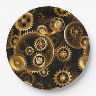 Seamless Steampunk Brass Gears Paper Plate