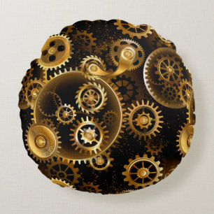 Seamless Steampunk Brass Gears Round Pillow