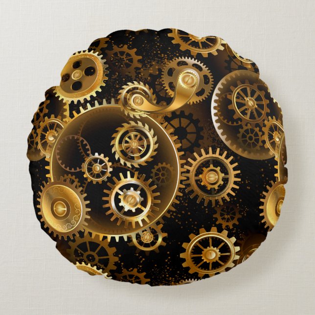 Seamless Steampunk Brass Gears Round Pillow (Front)