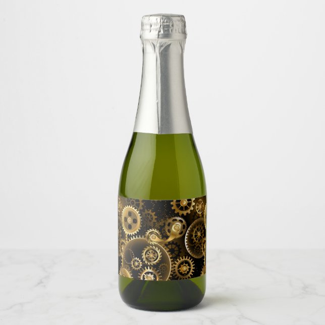 Seamless Steampunk Brass Gears Sparkling Wine Label (Front)