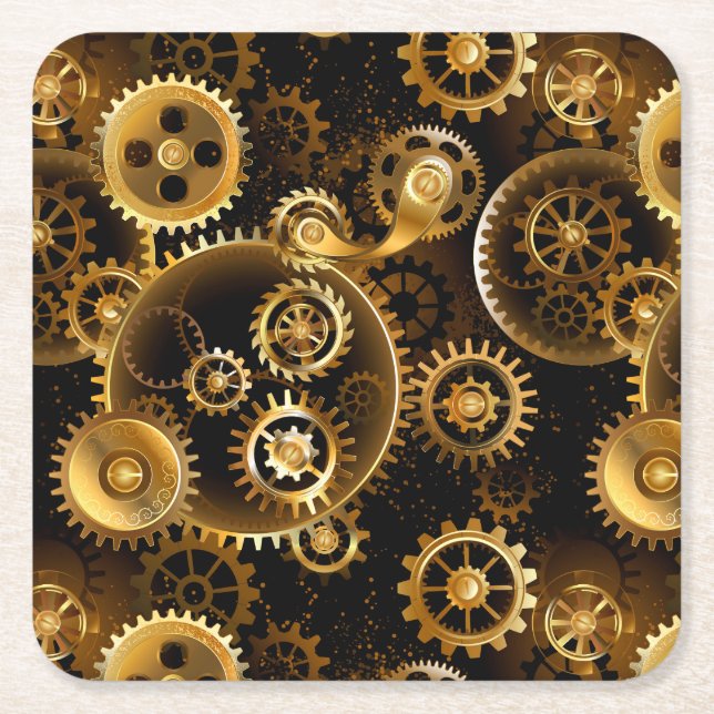 Seamless Steampunk Brass Gears Square Paper Coaster (Front)