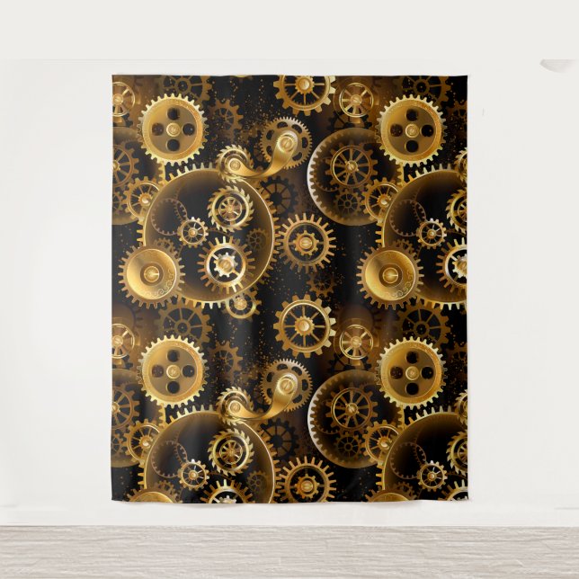 Seamless Steampunk Brass Gears Tapestry (Front)