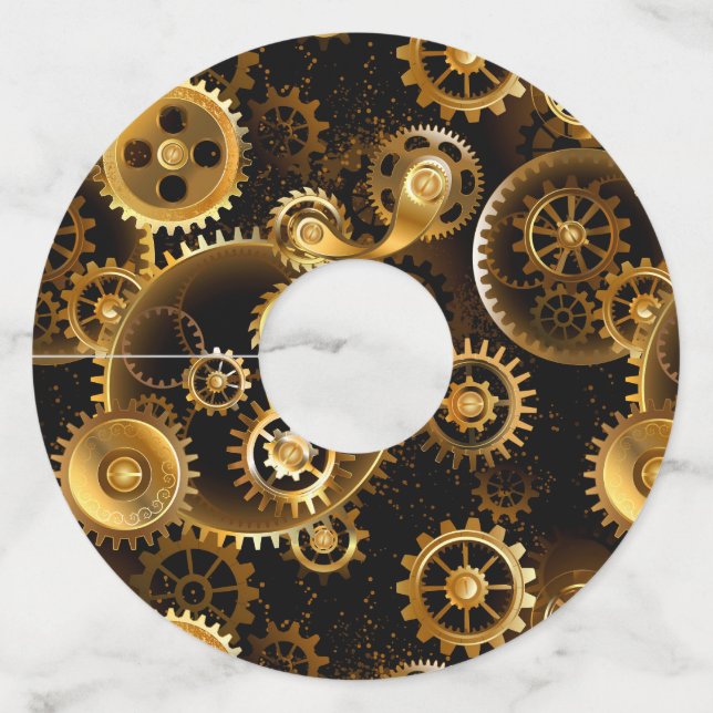 Seamless Steampunk Brass Gears Wine Glass Tag (Front)
