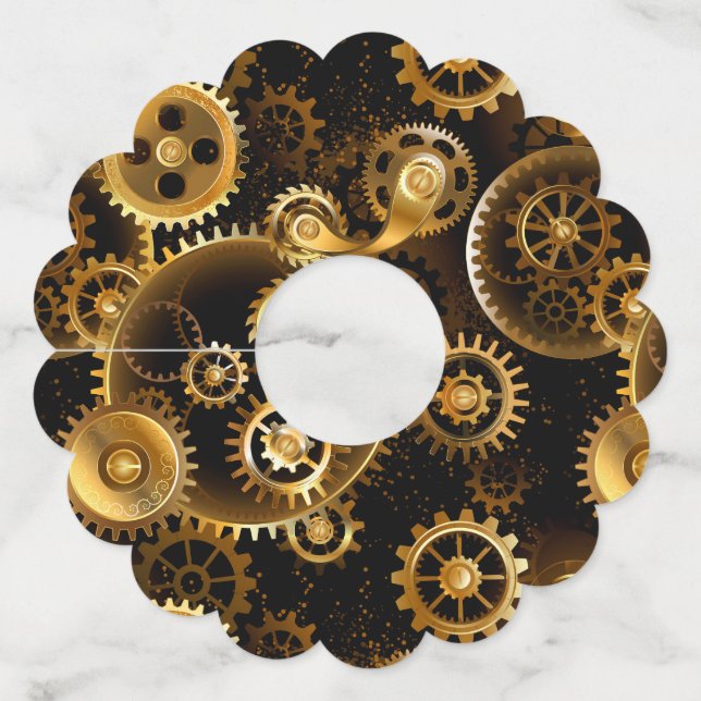 Seamless Steampunk Brass Gears Wine Glass Tag (Front)
