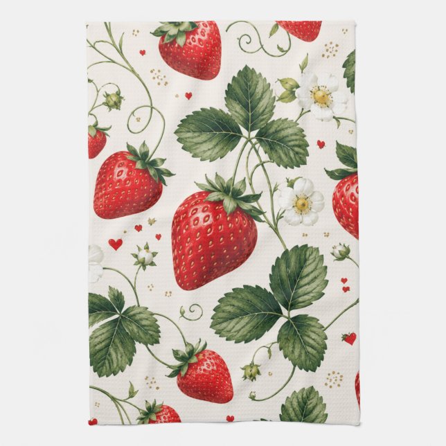 Seamless Strawberry Botanical Pattern VintageStyle Kitchen Towel (Vertical)
