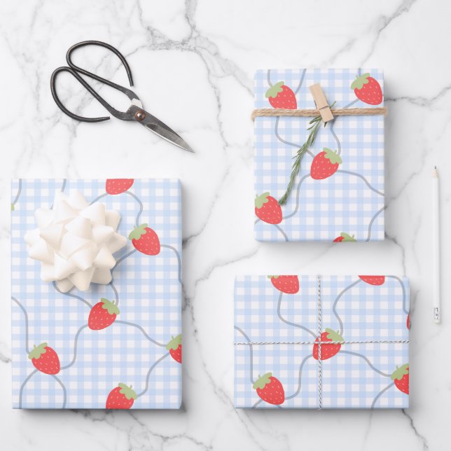 Seamless Strawberry Gingham Pattern Wrapping Paper Sheet (Front)