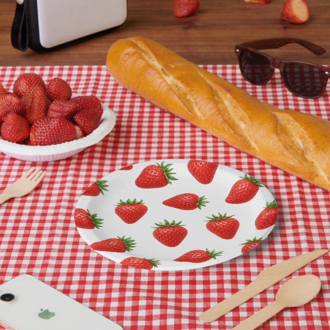Seamless Strawberry Pattern Cute Red Fruit  Paper Plate (Picnic)