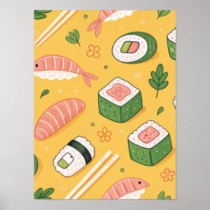 Seamless Sushi Pattern – Cute Japanese Food  Poster
