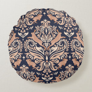 Seamless symmetrical pattern in the Damask style.  Round Pillow