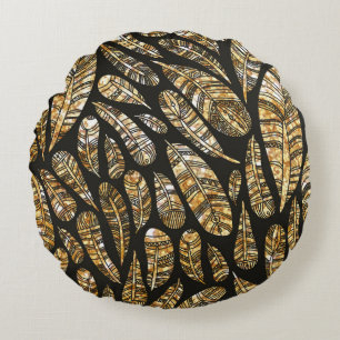 Seamless texture pattern of glowing golden feather round pillow