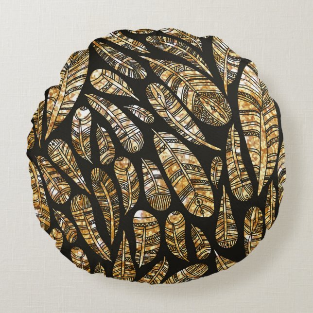 Seamless texture pattern of glowing golden feather round pillow (Front)