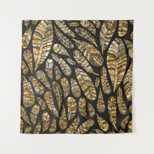 Seamless texture pattern of glowing golden feather tapestry