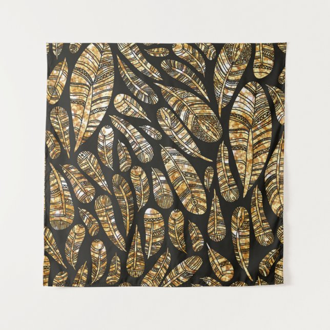 Seamless texture pattern of glowing golden feather tapestry (Front)