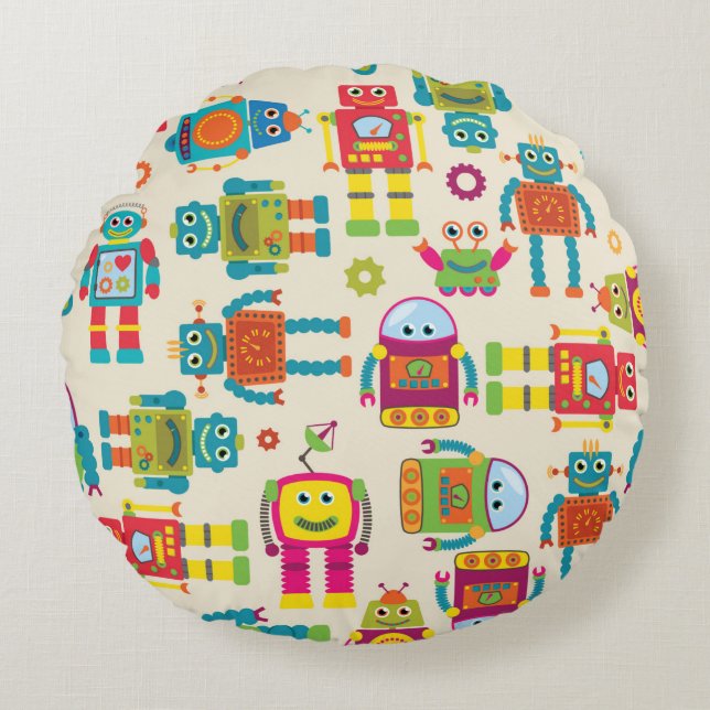 Seamless Tileable Background Pattern with Cute Rob Round Pillow (Front)