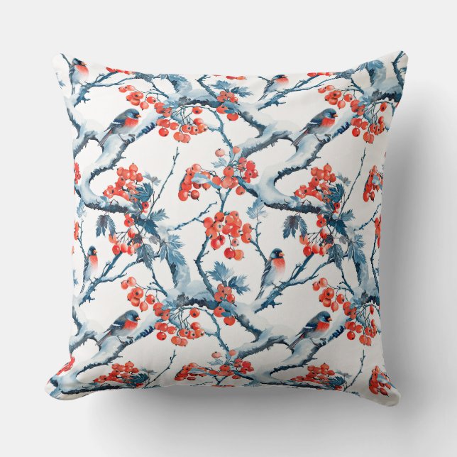 Seamless titmouse birds, winter snow branches, row throw pillow (Front)
