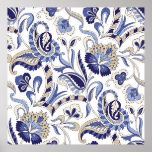 Seamless traditional Indian blue paisley patternpa Poster