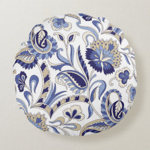 Seamless traditional Indian blue paisley patternpa Round Pillow