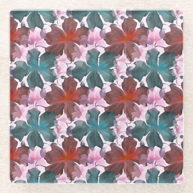 Seamless tropical floral pattern  cutting board glass coaster (Front)