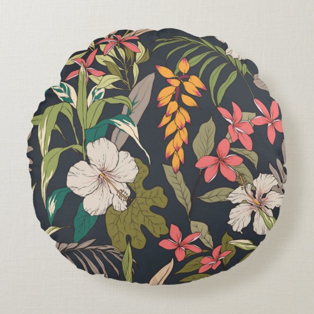 Seamless tropical flower pattern background round pillow (Front)