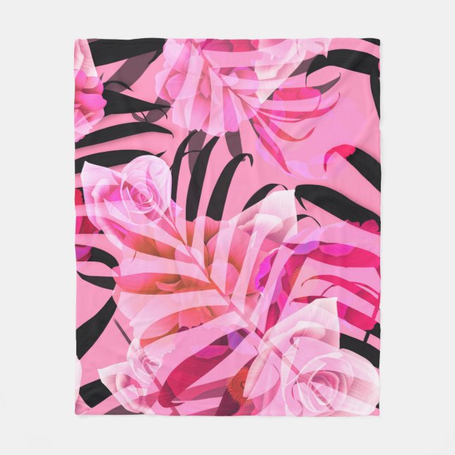 Seamless tropical flower, plant and leaf pattern b fleece blanket (Front)