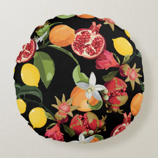 Seamless Tropical Fruits Pattern. Exotic Backgroun Round Pillow