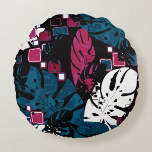 Seamless tropical jungle leaves monstera palm abst round pillow