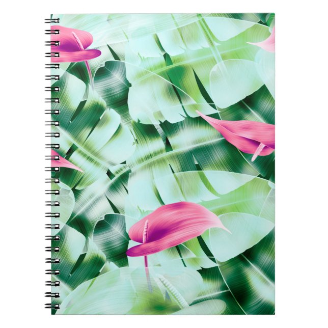 Seamless tropical leaves pattern background, retro notebook (Front)